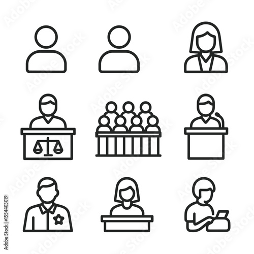 Civil Case Roles Icons. Outline icon set of Parties and Roles in Civil Cases: plaintiff silhouette, defendant silhouette, attorney