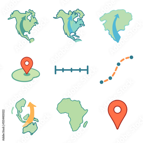 Migration Flyway Icons. Isometric Flat icon set of migration routes and flyways: Pacific flyway map, Atlantic flyway map, Central