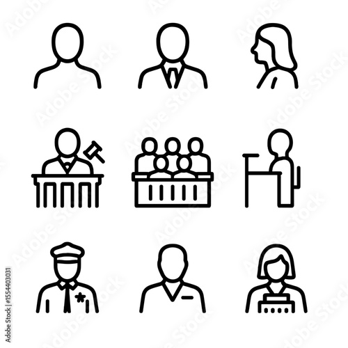 Civil Case Roles Icons. Outline icon set of Parties and Roles in Civil Cases: plaintiff silhouette, defendant silhouette, attorney