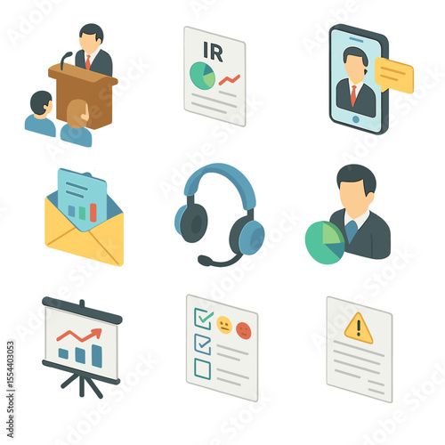 Investor Relations Icons. Isometric Flat icon set of investor relations: investor meeting podium, IR report, quarterly earnings