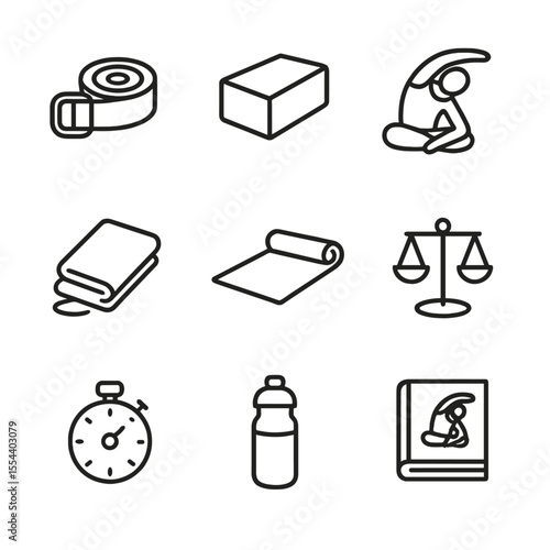 Mindful Stretching Icons. Outline icon set of mindful stretching routine objects: yoga strap, yoga block, stretch silhouette,