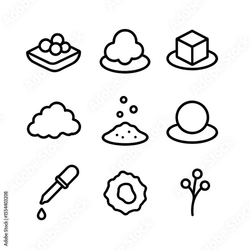 Molecular Gastronomy Icons. Outline icon set of Molecular Gastronomy Plating: spherified caviar, edible foam bubble, gel cube,