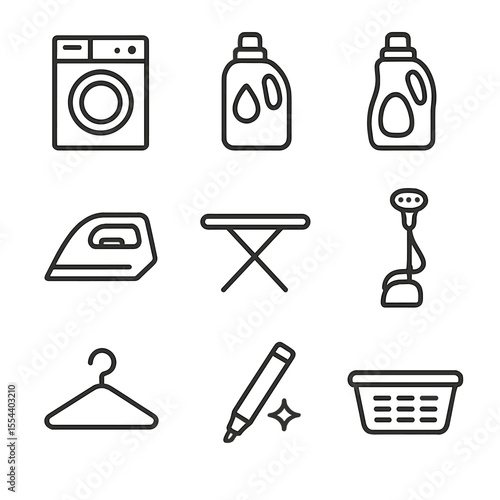 Laundry Icon Set. Outline icon set of Laundry and Fabric Care: washing machine, laundry detergent bottle, fabric softener, iron,