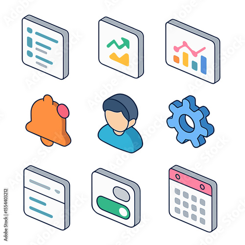 Modern Dashboard Icon Set. Isometric Flat icon set of dashboard interface components: sidebar menu, KPI card, chart widget,