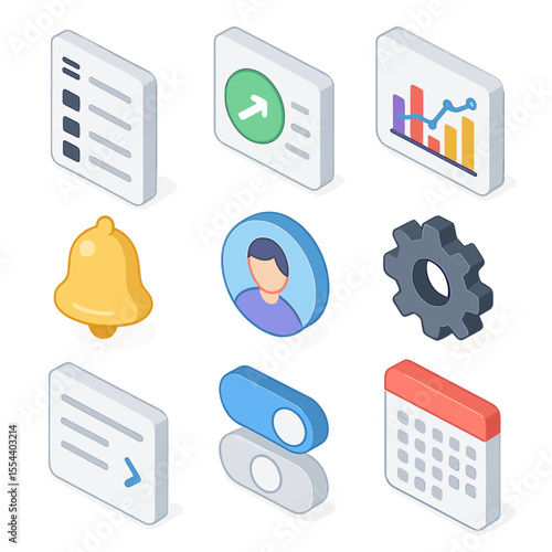 Modern Dashboard Icon Set. Isometric Flat icon set of dashboard interface components: sidebar menu, KPI card, chart widget,