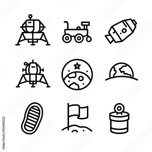 Moon Mission Icons. Outline icon set of Moon Exploration Missions: lunar lander, lunar rover, command module, lunar module ascent