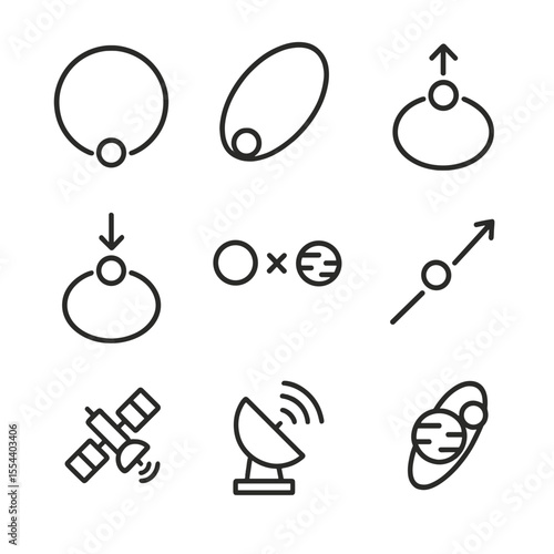 Lunar Orbit Icon Set. Outline icon set of Lunar Orbit and Satellites: circular orbit path, elliptical orbit path, apogee marker,