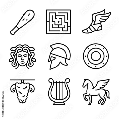 Mythological Icon Set. Outline icon set of legendary mythological heroes: club, labyrinth map, winged sandals, Medusa’s head,