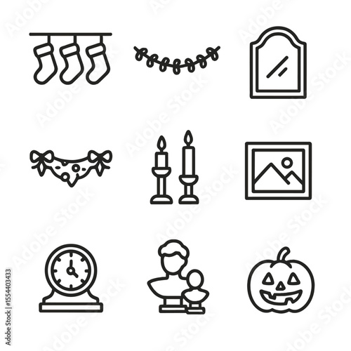 Mantel Items Icons. Outline icon set of mantel items: stockings, garland, mirror, mantel swag, candle pillars, framed art, clock,