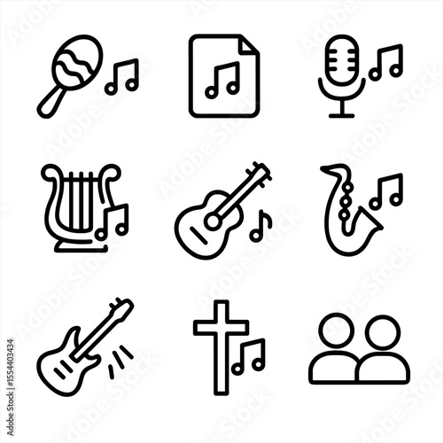 Musical Icons Set. Outline icon set of musical genres in school productions: calypso song, ballad, pop medley, classical aria,