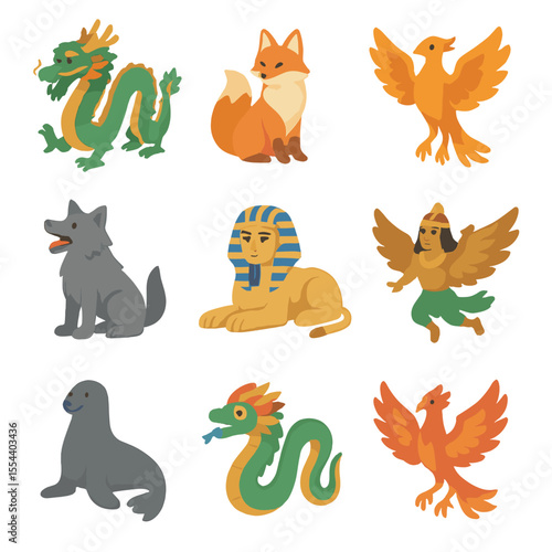 Mythical Creatures Icons. Isometric Flat icon set of mythological creatures across cultures: Chinese dragon, Japanese kitsune fox,