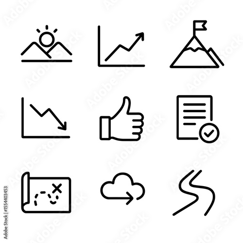 Narrative Icon Grid. Outline icon set of narrative structure: exposition, rising action, climax, falling action, resolution, plot