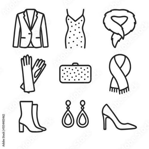 Luxury Winter Outfits. Outline icon set of luxury winter evening outfits: velvet blazer, sequin cocktail dress, faux fur stole,