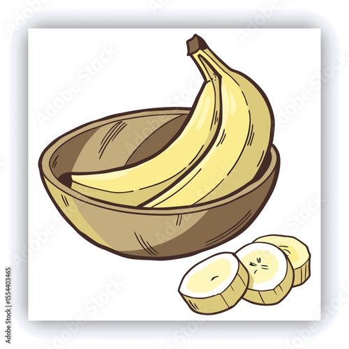 The fruit plate is hand-drawn in watercolor. Bananas, pears, orange and nectarine in a brown bowl on a blue background.