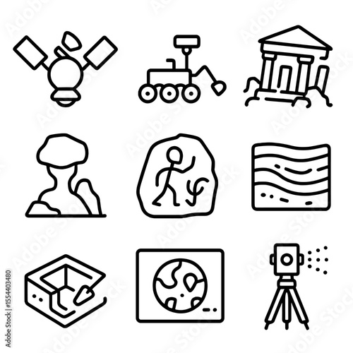 Martian Archaeology Icons. Outline icon set of Martian archaeological sites: Mars orbiter, rover, ancient temple ruins, rock