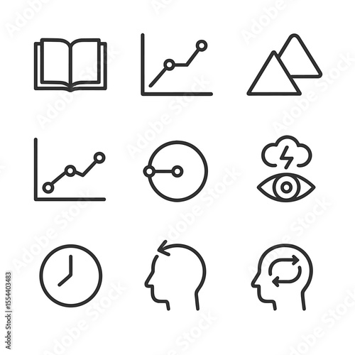 Narrative Icon Grid. Outline icon set of narrative structure: exposition, rising action, climax, falling action, resolution, plot