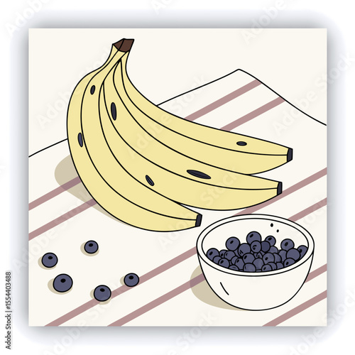 The fruit plate is hand-drawn in watercolor. Bananas, pears, orange and nectarine in a brown bowl on a blue background.