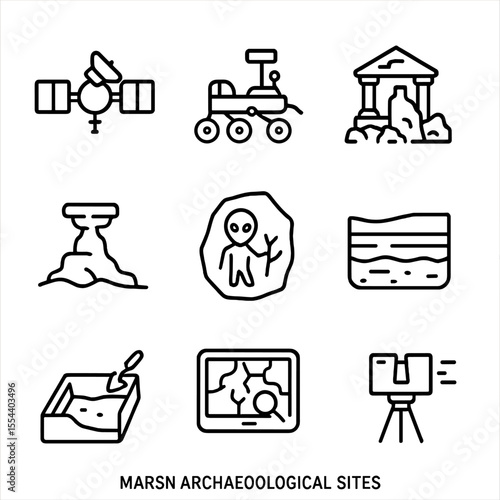 Martian Archaeology Icons. Outline icon set of Martian archaeological sites: Mars orbiter, rover, ancient temple ruins, rock