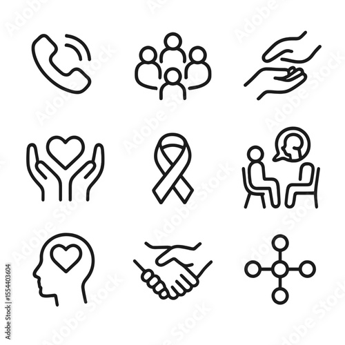 Mental Health Icons. Outline icon set of mental health support resources: hotline phone, support group circle, helping hand, heart