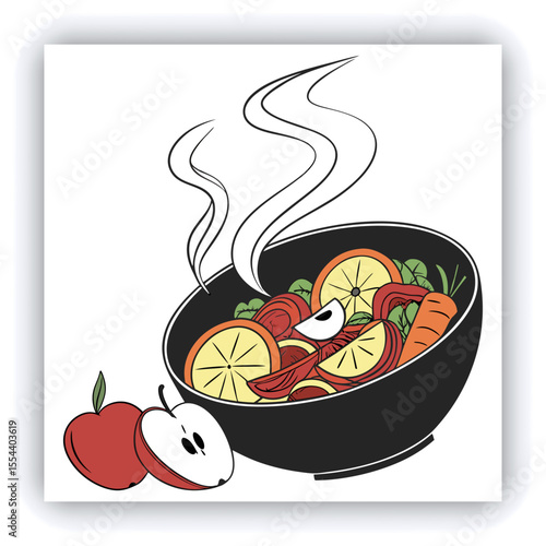 The fruit plate is hand-drawn in watercolor. Bananas, pears, orange and nectarine in a brown bowl on a blue background.