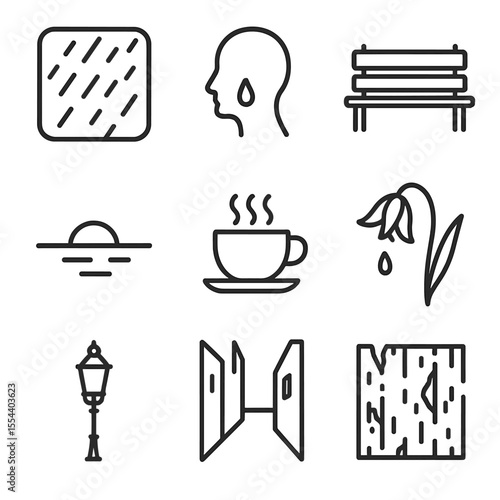 Melancholic Icon Set. Outline icon set of Melancholic Reminiscence: rain-streaked window, teardrop silhouette, lonely bench,