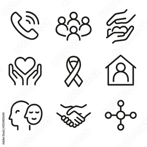 Mental Health Icons. Outline icon set of mental health support resources: hotline phone, support group circle, helping hand, heart