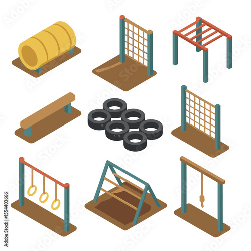 Obstacle Course Icons. Isometric Flat icon set of obstacle course training: crawling tunnel, rope climb net, monkey bars frame,