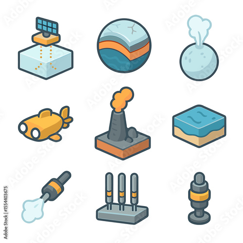 Ocean Worlds Exploration Icons. Isometric Flat icon set of ocean worlds exploration: ice-penetrating radar, Europa ice crust cross