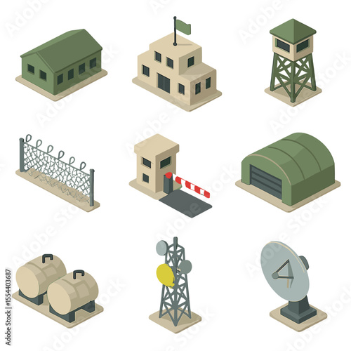 Military Base Icons. Isometric Flat icon set of military base infrastructure: barracks, command building, guard tower, perimeter