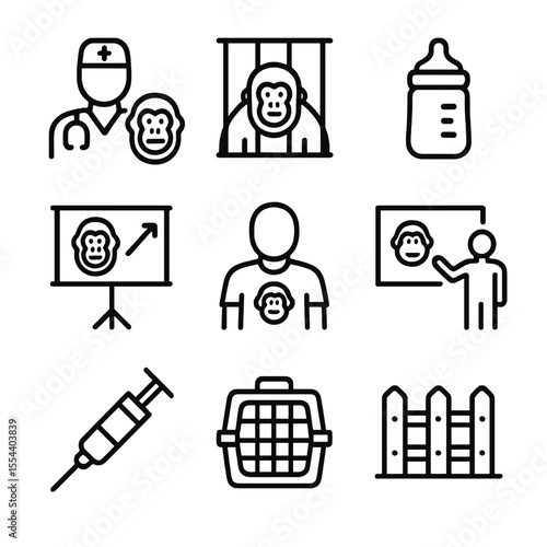 Orangutan Rescue Icons. Outline icon set of orangutan rescue and rehabilitation: veterinarian, enclosure, feeding bottle, progress