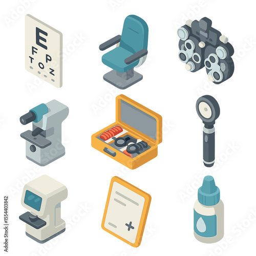 Optical Tools Icon Set. Isometric Flat icon set of optical prescription tools: eye chart, optometrist chair, phoropter, lensometer