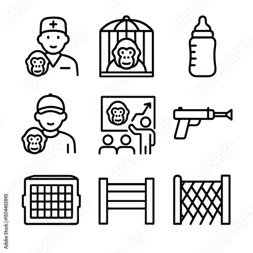 Orangutan Rescue Icons. Outline icon set of orangutan rescue and rehabilitation: veterinarian, enclosure, feeding bottle, progress