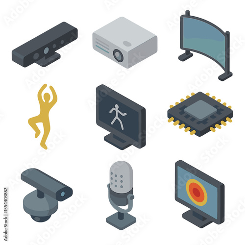 Motion-Sensing Icon Set. Isometric Flat icon set of motion-sensing immersive installations: Kinect sensor, projector, immersive