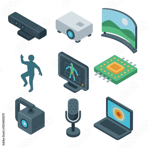 Motion-Sensing Icon Set. Isometric Flat icon set of motion-sensing immersive installations: Kinect sensor, projector, immersive