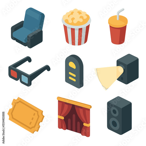 Movie Theater Icons. Isometric Flat icon set of movie theater audience in the dark: recliner seat, popcorn bucket, soda cup, 3D