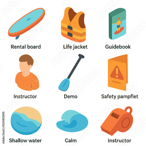Paddleboarding Essentials Icons. Isometric Flat icon set of beginner paddleboarding essentials: rental board, life jacket,