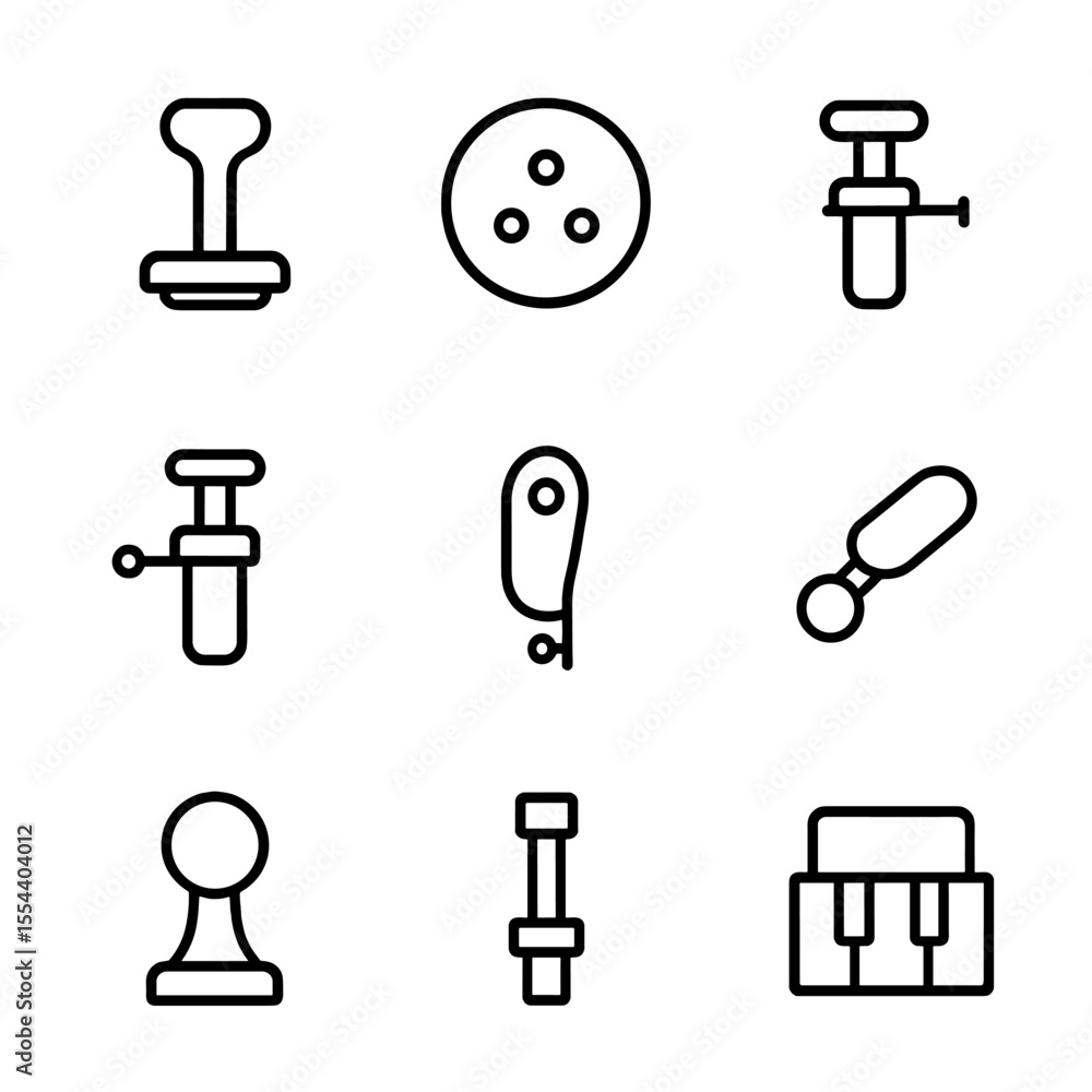 Musical Instrument Icons Grid. Outline icon set of Musical Instrument Buttons: accordion key, melodeon button, trombone valve, Musical Instrument Icons Grid. Outline icon set of Musical Instrument Buttons: accordion key, melodeon button, trombone valve,