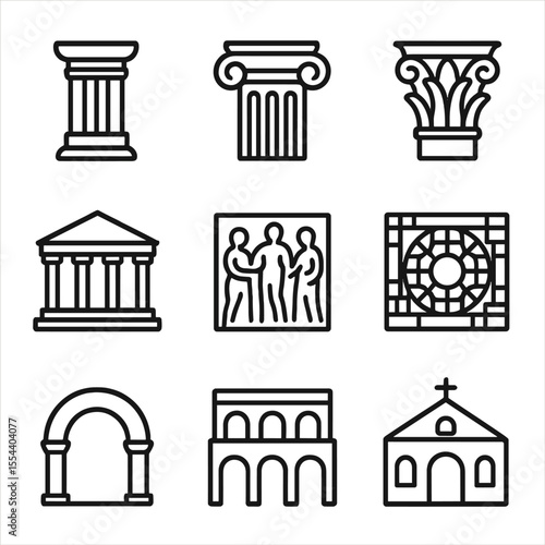 Mythic Architecture Icons. Outline icon set of myth-inspired architecture elements: Doric column, Ionic column, Corinthian capital
