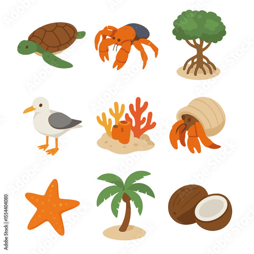 Coastal Wildlife Icons. Isometric Flat icon set of coastal wildlife: sea turtle, coconut crab, mangrove tree, seabird, coral reef,