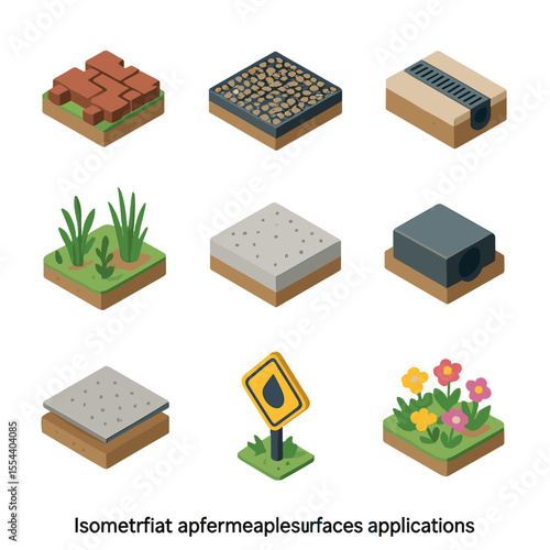 Permeable Surface Icons. Isometric Flat icon set of permeable surface applications: permeable paver block, gravel-filled grid,