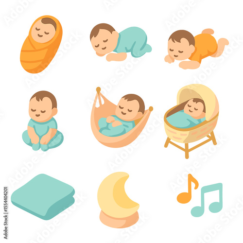 Newborn Sleeping Icons. Isometric Flat icon set of newborn sleeping poses: swaddled baby, side-lying pose, tummy time pose, froggy
