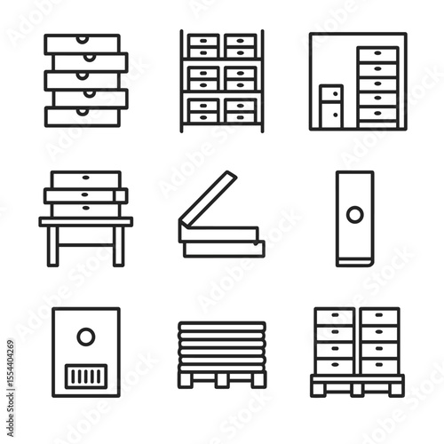 Pizza Box Storage Icons. Outline icon set of Pizza Box Stacking and Storage: stacked boxes, shelf rack, storage room, cooling
