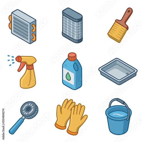 Coil Cleaning Icons. Isometric Flat icon set of coil cleaning and maintenance: evaporator coil, condenser coil, coil brush, spray