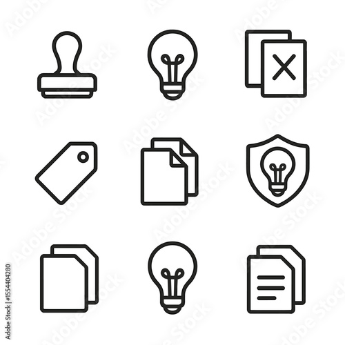 Plagiarism Icons Grid. Outline icon set of originality and plagiarism concerns: plagiarism stamp, lightbulb, duplicate icon, cross