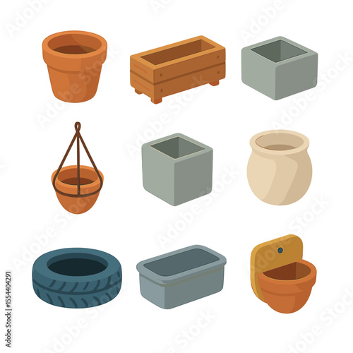 Planters Icon Set. Isometric Flat icon set of planters and containers: terracotta pot, wooden planter box, stone trough, hanging