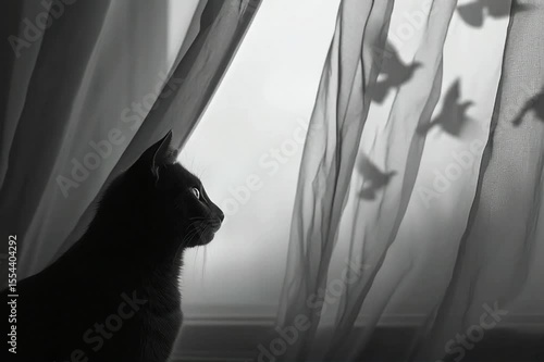 A black cat gazing through a sheer curtain at birds flying outside.