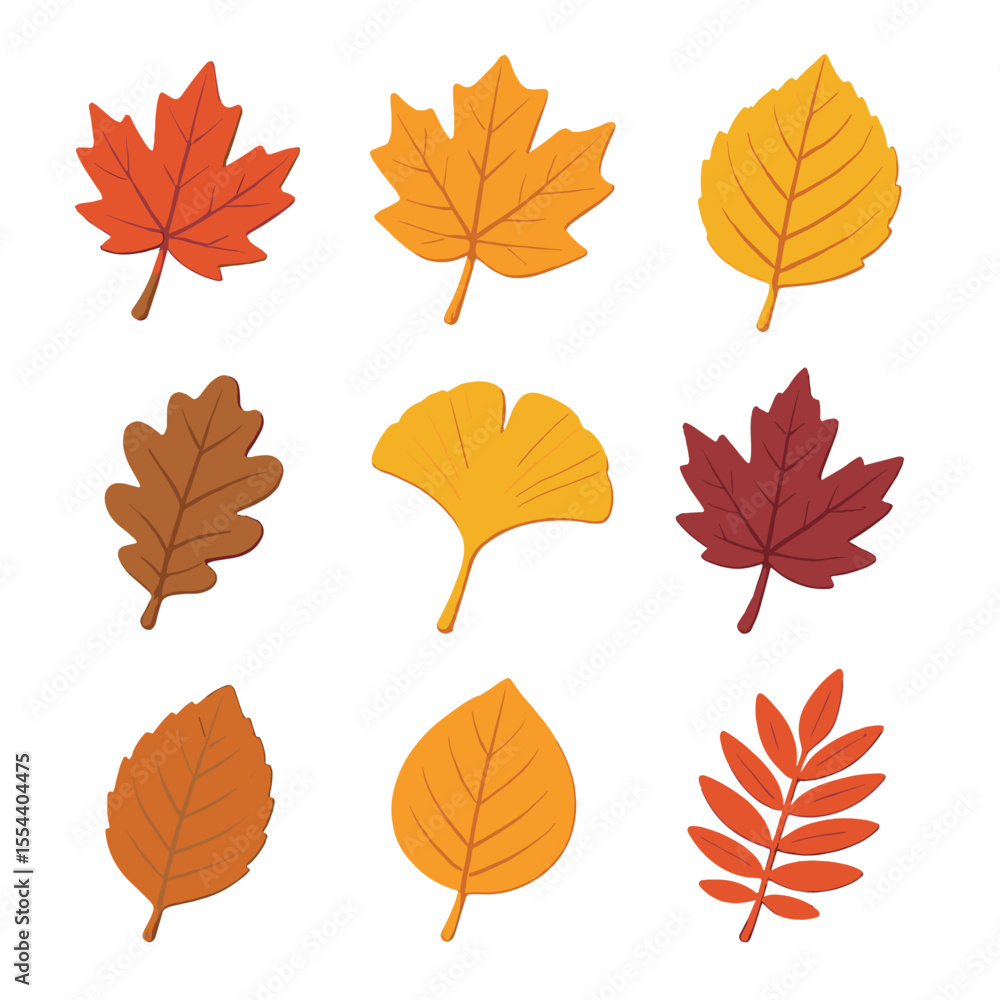 Naklejka premium Colorful Leaf Icon Set. Isometric Flat icon set of leaf color palette: red maple leaf, orange maple leaf, yellow birch leaf, brown