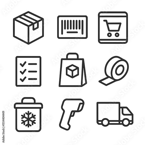 Online Order Icons. Outline icon set of Online Order Fulfillment: packing box, barcode label, order tablet, pick list, delivery