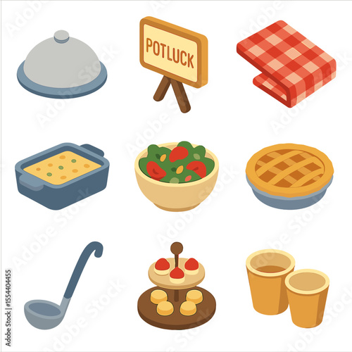 Potluck Dinner Icons. Isometric Flat icon set of community potluck dinner: serving dish, potluck sign, tablecloth, casserole dish,