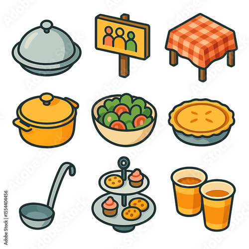 Potluck Dinner Icons. Isometric Flat icon set of community potluck dinner: serving dish, potluck sign, tablecloth, casserole dish,